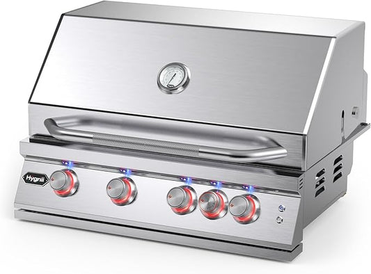 Hygrill Premium XTR 32-Inch Built In Grill, Stainless Steel 4-Burner Grill Head for Outdoor Kitchen with Rear Infrared Burner and LED Lights, Liquid Propane