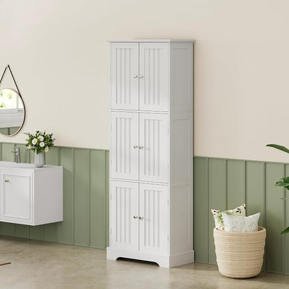 ChooChoo 63.2" Tall Bathroom Storage Cabinet with 6 Doors | Freestanding Floor Cabinet, Adjustable Shelves, Pantry Cabinet for Bathroom, Kitchen, Laundry Room, White