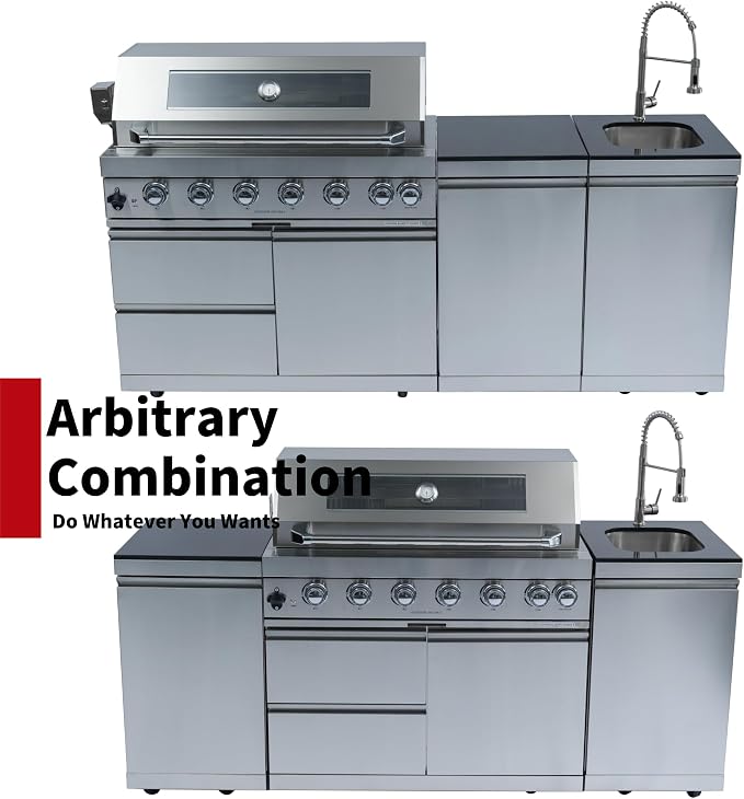 82-Inch Outdoor Kitchen Island with 6Burner, Gas Outdoor Kitchen Bar Island BBQ Grill with 85000 BTU, Rotisserie, Granite Countertops, Storage Cabinets & Drawers, Silver