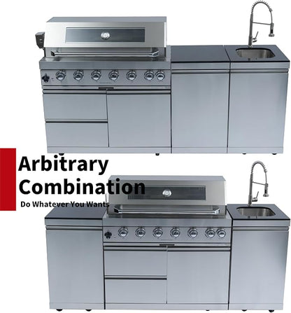 82-Inch Outdoor Kitchen Island with 6Burner, Gas Outdoor Kitchen Bar Island BBQ Grill with 85000 BTU, Rotisserie, Granite Countertops, Storage Cabinets & Drawers, Silver