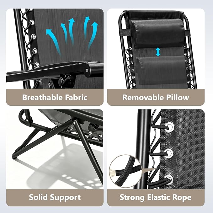 Zero Gravity Chair, Adjustable Lounge Chair, Outdoor Recliner, Folding Anti Gravity Lounge Chairs, Lawn Chairs Reclining with Pillow & Cup Holder