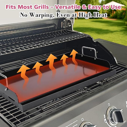 Universal 25" x 16" Nano-Ceramic Nonstick Coating Grill Griddle for Gas Grill, Cast Iron Griddle for Charcoal, Gas Grills, Camping, Flat Top Plate Insert with Grease Groove and Removable Handles