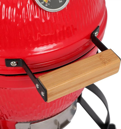 13in Round Smoking Furnace with Thermometer, Portable Ceramic Charcoal Grill with Stainless Steel Cooking Grate & Anti-scalding Wooden Handle, for Outdoor Backyard Cooking Grilling Camping(Red)