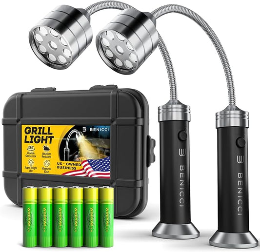 Flexible LED BBQ Grill Lights Set of 2 - The Perfect Grilling Accessories Light with 360-Degree Magnetic Base and Gooseneck - 100% Portable Weatherproof Outdoor Lamp w/ 6 Batteries Included