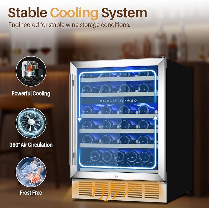 24 Inch Wine Fridge Dual Zone Wine Cooler Holds 46 Bottles, Temperature Control, Built-In or Freestanding Under Counter Wine Refrigerator with Glass Door for Kitchen, Home Bar
