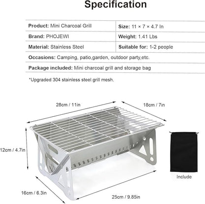 Mini Portable Charcoal Grill,Small BBQ Grill Tabletop Fire Pit for Camping Patio Outdoor Stainless Steel Camping Folding Barbecue Grills Backpacking Grills