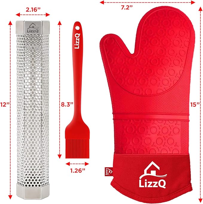 LIZZQ Premium Pellet Smoker Tube 12 inches,5 Hours of Billowing Smoke,for Any Grill or Smoker, Hot or Cold Smoking,Stainless Steel 304,Silicone Basting Brush,Free eBook Grilling Ideas and Recipes
