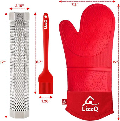 LIZZQ Premium Pellet Smoker Tube 12 inches,5 Hours of Billowing Smoke,for Any Grill or Smoker, Hot or Cold Smoking,Stainless Steel 304,Silicone Basting Brush,Free eBook Grilling Ideas and Recipes