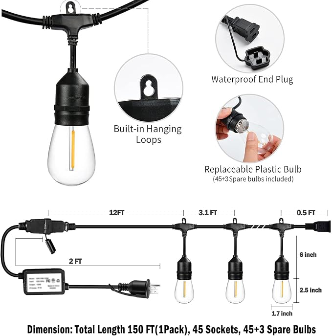 1Pack 150ft Outdoor String Lights with Remote Patio Lights 45+3 Bulbs | String lights for outside, 3 Lighting Modes&Dimmable&Timer
