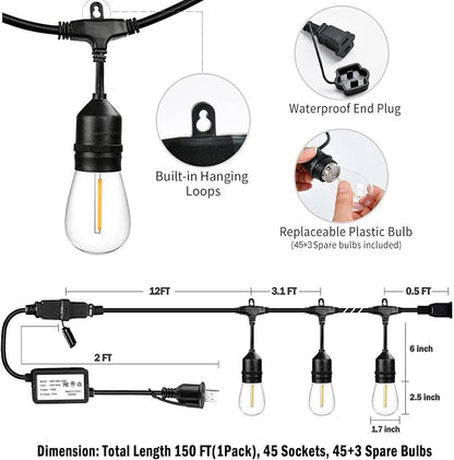 1Pack 150ft Outdoor String Lights with Remote Patio Lights 45+3 Bulbs | String lights for outside, 3 Lighting Modes&Dimmable&Timer