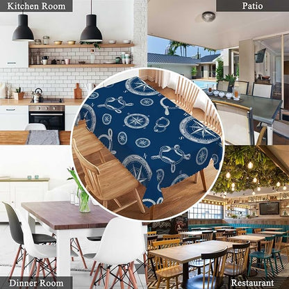 Swono Compass Table Covers 52x70 Inch Vintage World Map Wind Rose Rope Knot Nautical Compass Tablecloth Kitchen Dinning Tabletop Decoration, Blue Table Cloth for Outdoor and Indoor Use