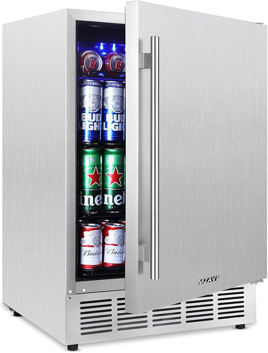 24 Inch Outdoor Beverage Refrigerator, Stainless Steel Beverage Fridge 180 Can Under Counter Built-in/Freestanding, Waterproof, Fast Cooling, Low Noise - Outdoor Refrigerator for Home and Patio