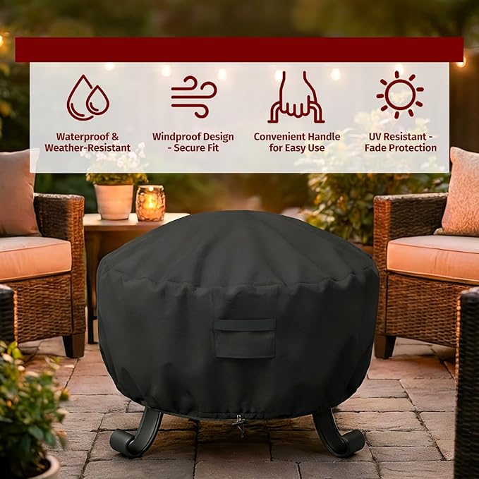 SHINESTAR Fire Pit Cover Round, Fits for 44-48 Inch Fire Pit Table, 600D Heavy Duty Fabric, Waterproof and Windproof, 48" D x 24" H, Black