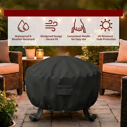 SHINESTAR Fire Pit Cover Round, Fits for 44-48 Inch Fire Pit Table, 600D Heavy Duty Fabric, Waterproof and Windproof, 48" D x 24" H, Black