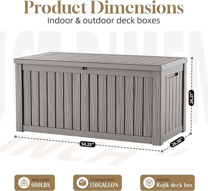 ROJIK 150 Gallon Outdoor Storage Box Waterproof,Weatherproof Deck Boxes Outdoor Lockable,Resin Outside Storage Box for Garden Tools,Cushions,Pool Accessories(Grey,150 Gal)