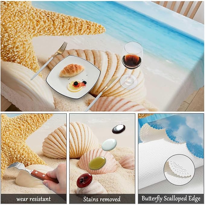 Swono Seashell 52"X70" Oblong Table Cloth Tropical Ocean Beach Starfish and Seashells Wrinkle Free Table Cover Farmhouse Tablecloth for Home Restaurant Picnic Indoor Outdoor Dining