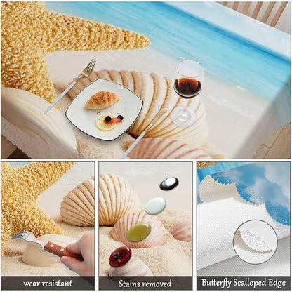 Swono Seashell 52"X70" Oblong Table Cloth Tropical Ocean Beach Starfish and Seashells Wrinkle Free Table Cover Farmhouse Tablecloth for Home Restaurant Picnic Indoor Outdoor Dining