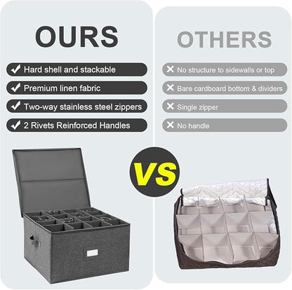 popoly Stemware Storage Cases 2 Pack, Wine Glass Storage Box Containers | Glassware Storage Containers for Glassware or Crystal, Holds 32 Red or White Wine Glasses, Hard Top and Stackable (Grey)