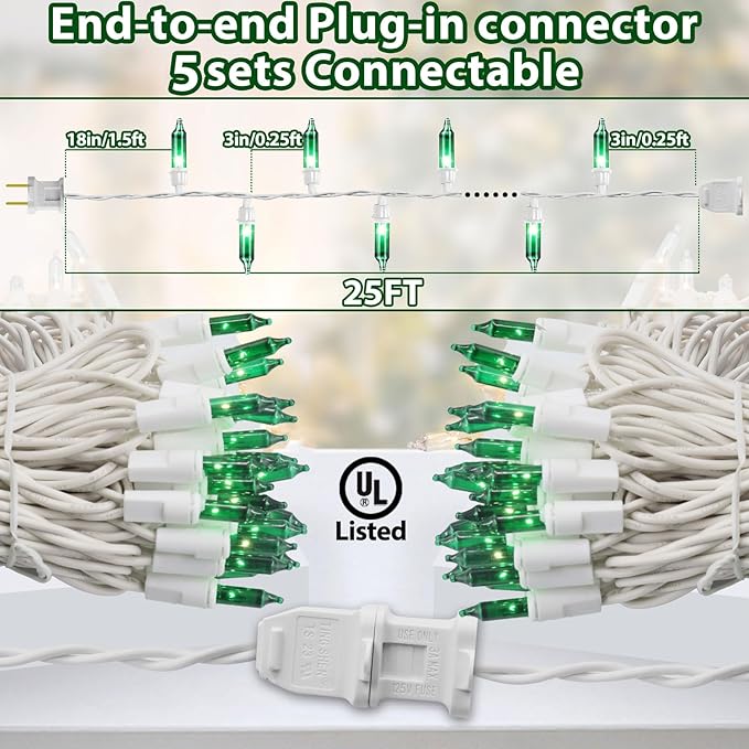Green Christmas Lights, Green String Lights 25FT 100 Incandescent Bulbs Green Lights with White Wire for Christmas Tree, Garland, Indoor & Outdoor St Patricks Day Decoration