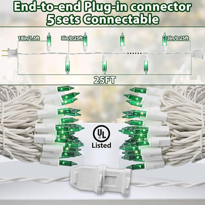 Green Christmas Lights, Green String Lights 25FT 100 Incandescent Bulbs Green Lights with White Wire for Christmas Tree, Garland, Indoor & Outdoor St Patricks Day Decoration