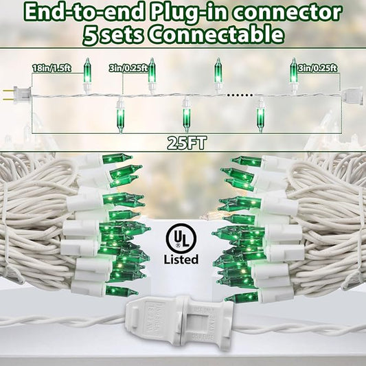 Green Christmas Lights, Green String Lights 25FT 100 Incandescent Bulbs Green Lights with White Wire for Christmas Tree, Garland, Indoor & Outdoor St Patricks Day Decoration