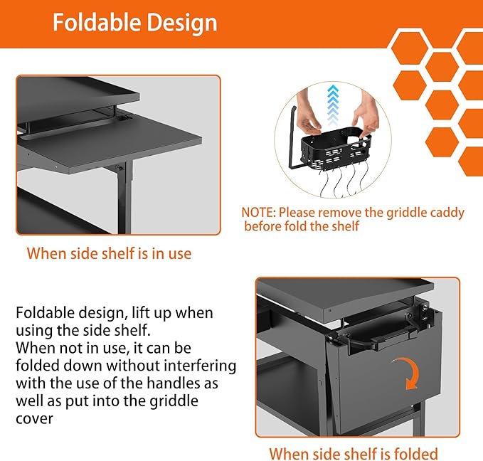 Foldable Griddle Side Shelf and Caddy for Blackstone 28" Griddle, Grill Accessories Space Saving for Blackstone with Paper Towel Holder, 4 Hooks and Storage Box Grill Parts