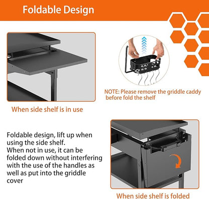 Foldable Griddle Side Shelf and Caddy for Blackstone 28" Griddle, Grill Accessories Space Saving for Blackstone with Paper Towel Holder, 4 Hooks and Storage Box Grill Parts