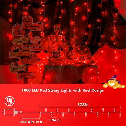 YEGUO 328ft 1000 LED Red Halloween String Lights, Clear Wire Christmas String Lights Indoor, 8 Modes Twinkle Tree Lights Plug in with Timer Memory.