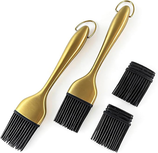 Silicone Basting Brush for BBQ Grill, 2 Pack with 2 Extra Heads (4 Total), Gold Stainless Steel Handle, Heat Resistant Oil Brush for Cooking, Baking, Grilling, Dishwasher Safe