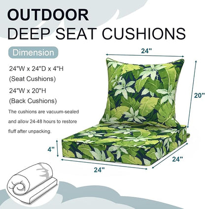 DYTXIII Outdoor Deep Seat Cushion Set, Water Repellent 24"x24" Patio Thick Cushions Replacement with Seat & Back Pillow for Patio Sofa, Wicker Chair, Couch - Jungle Leaves