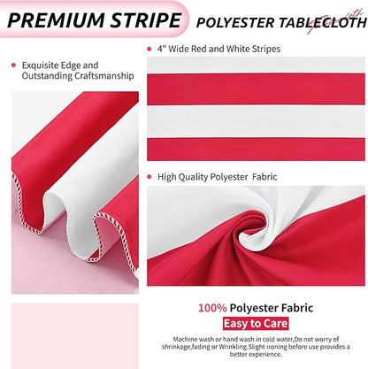 6 Pack Red and White Striped Tablecloth Rectangle 60x84inch Polyester Fabric Washable Table Cloth for Afternoon Tea Table Birthday Party Picnic Barbecue Gathering Indoor Outdoor Dining Decor