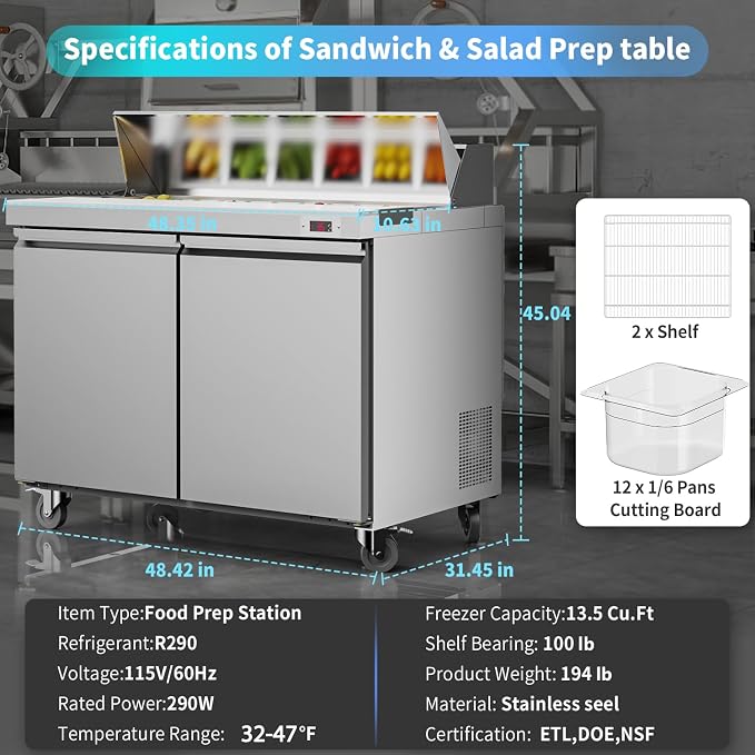 48" W Commercial Refrigerator Sandwich Salad Prep Table Refrigerator Stainless Steel with 12 Pans, Kitchen Equipment for Restaurant, Bar, Shop, Buffet, etc