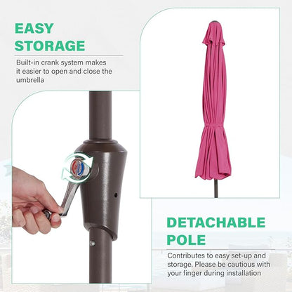 JEAREY 9 FT Patio Umbrella Outdoor, Table Umbrellas Market Umbrella w/Push Button Tilt/Crank, 8 Sturdy Ribs(Rose Pink)