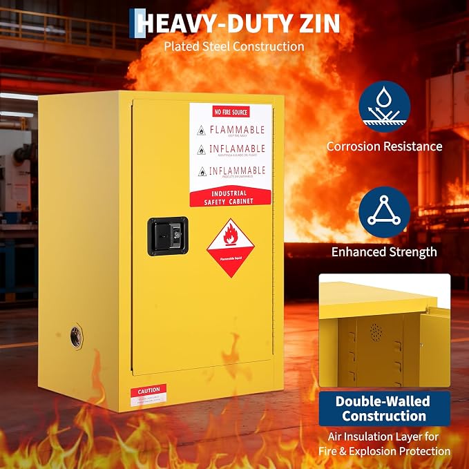 Hazardous Storage Flammable Cabinets, Fire Resistant Safety Cabinet for Flammable Liquids | Cold-Rolled Steel Construction w/Spill Containment Tray, Ventilation Holes & Grounding | Adjustable Shelf
