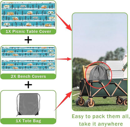 JAWO Picnic Table Cover with Bench Covers, Camper Camping RV Essentials Gear Supplies Outdoor Waterproof Windproof Tablecloth with Elastic, 96in