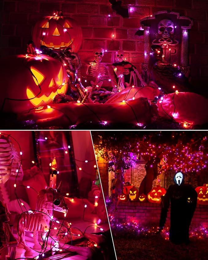 Brizled 2 Pack 50 LED Purple & Orange Halloween Lights Battery Operated | 8 Modes Twinkle Halloween Lights with Timer, Spooky Orange and Purple Halloween Fairy Lights Black Wire Indoor Outdoor Tree
