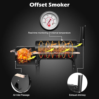 Dual Chamber Charcoal Grill & Smoker, Oil Drum BBQ with Side Smoker, 500-600°F High Temp, Portable Outdoor Grill with Wheels, Thermometer, Wood Shelf for Patio Camping Backyard Family Gathering Black