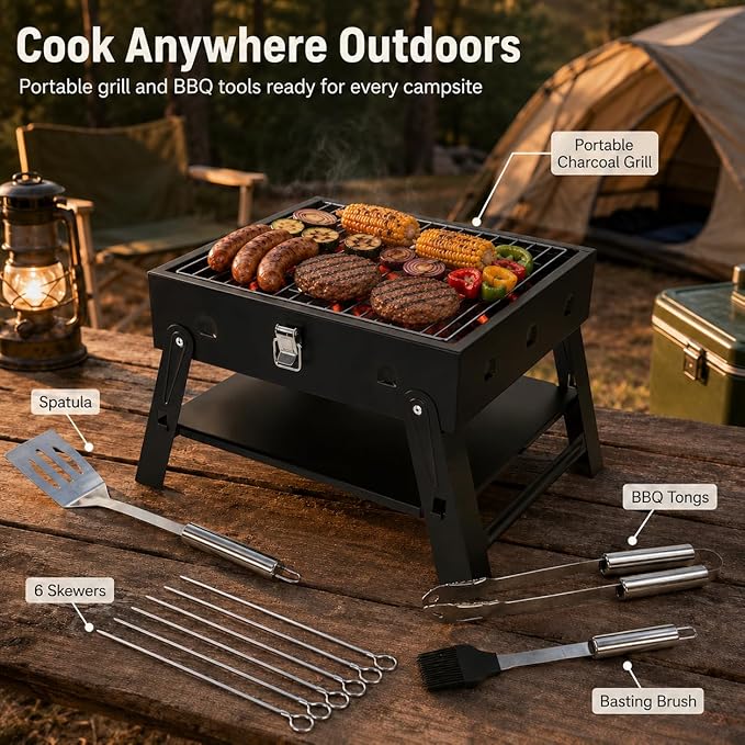 Small Portable BBQ Charcoal Grill: Mini Foldable Table Top Barbecue Grills with Stainless Steel BBQ Grilling Tool Set, Fathers Day Birthday Grilling Gift for Men Dad Husband