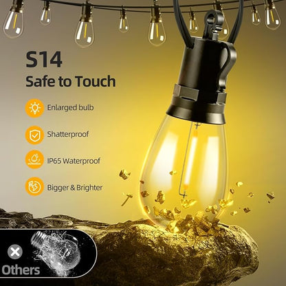 Solar Lights Outdoor, 40FT S14 LED IP65 Waterproof Patio Lights | 13 Shatterproof Edison Bulbs Hanging Light, Solar or USB Charging, 3 Lighting Modes for Backyard Porch Party Decor Warm White