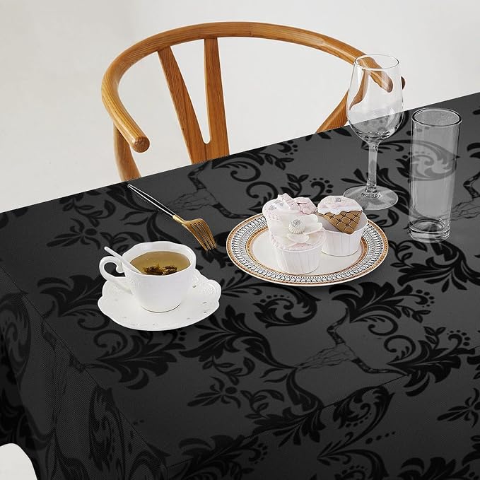 Gothic Black Damask Tablecloth, Vintage Floral Exotic Longhorn Skull Bull Bone Table Cloth Water Resistant Table Cover for Farmhouse Party Holiday Kitchen Dinner Table 55x55