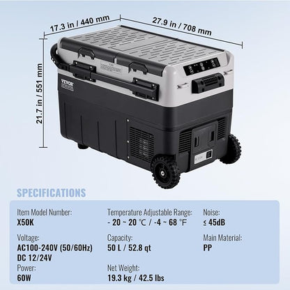 VEVOR Car Refrigerator 50L / 52.8 QT, Dual Zone 12 Volt Compressor Fridge, -4℉ to 68℉ Adjustable, Portable Freezer Cooler for Car, RV, Camping, Home