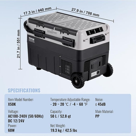 VEVOR Car Refrigerator 50L / 52.8 QT, Dual Zone 12 Volt Compressor Fridge, -4℉ to 68℉ Adjustable, Portable Freezer Cooler for Car, RV, Camping, Home