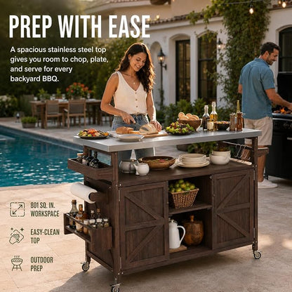 Outdoor Kitchen Island, 50.25" Rolling Grill Table with Storage Cabinet, 201 Stainless Steel Top Outdoor Bar Cart, Solid Fir Wood BBQ Prep Station with Adjustable Shelves, Spice Rack (Dark Brown)