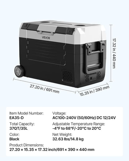 VEVOR Car Refrigerator, DC 12/24V AC100-240V Compressor Electric Cooler, -4°F to 68°F Truck Refrigerator with APP Control, Wheels & Dual Zone, 37 QT Cars Cooler for RVs, Boats, Camping, Fishing