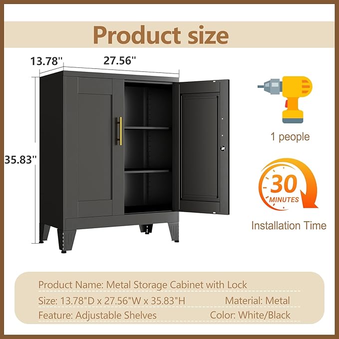 GAIOUS Black Metal File Cabinet with Lock (Two Units), Steel Storage Cabient with 2 Doors and 2 Adjustable Shelves, Multifunctional Locked Cabinet for Home/Office/Garage/Tool Room, Accent Furniture