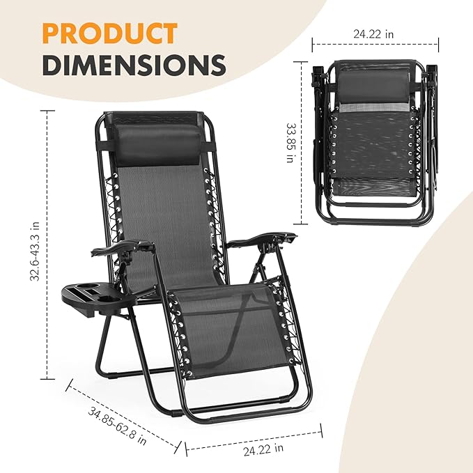 Zero Gravity Chair Set of 2, Adjustable Folding Reclining Lounge Chairs with Mesh Back, Adjustable Pillows & Cup Holder Trays, Outdoor Patio Lawn Chairs for Pool, Beach & Camping, Black