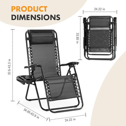 Zero Gravity Chair Set of 2, Adjustable Folding Reclining Lounge Chairs with Mesh Back, Adjustable Pillows & Cup Holder Trays, Outdoor Patio Lawn Chairs for Pool, Beach & Camping, Black