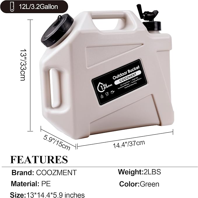 COOZMENT 3.2 Gallon/5 Gallon Water Containers with Spigot, BPA Free Water Jug, Military Green Water Tank, Multifunction Water Storage Containers for Camping Outdoor Hiking,Emergency Storage