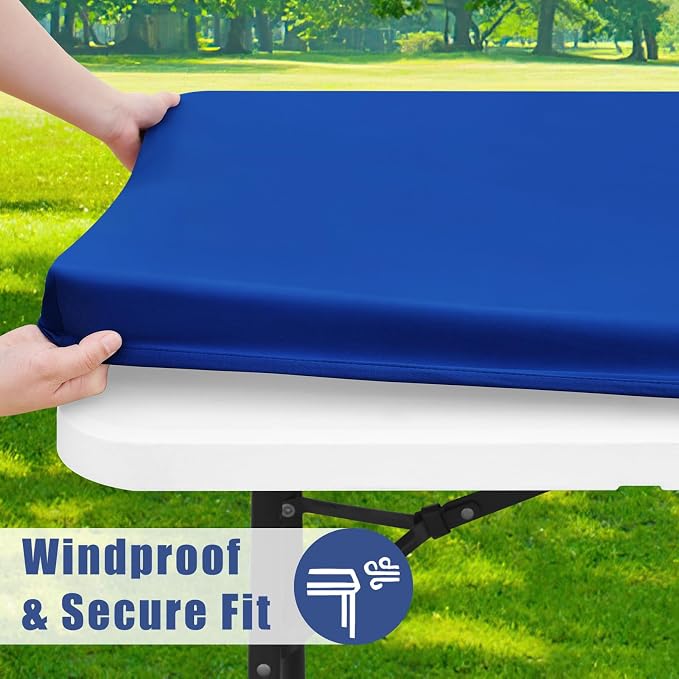 Moosfor Spandex 4 Foot Rectangle Table Cloth, Elastic Fitted Tablecloths for Picnic, Stretch Washable Patio Table Cover for Outdoor, Camping, Banquet and Parties (Blue, 24"x48")