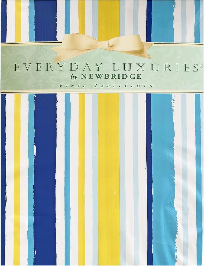 Newbridge Sun Wave Beach Stripe Flannel Back Vinyl Tablecloth - Navy, Yellow, White and Blue Wavy Striped Vinyl Indoor/Outdoor Waterproof, Patio, BBQ Tablecloth, 60 Inch x 84 Inch Oval